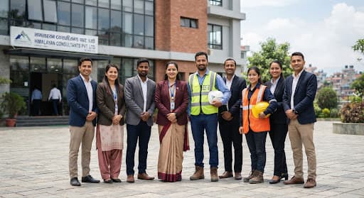 Diverse Nepalese professionals, in corporate attire and safety gear, standing confidently outside an office